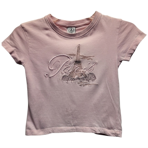 Kids Pink Short Sleeve Paris Eiffel Tower Tee - Size 6 - Picture 1 of 4